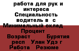 работа для рук и интереса › Специальность ­ водитель в -с › Минимальный оклад ­ 20 000 › Процент ­ 50 000 › Возраст ­ 37 - Бурятия респ., Улан-Удэ г. Работа » Резюме   . Бурятия респ.